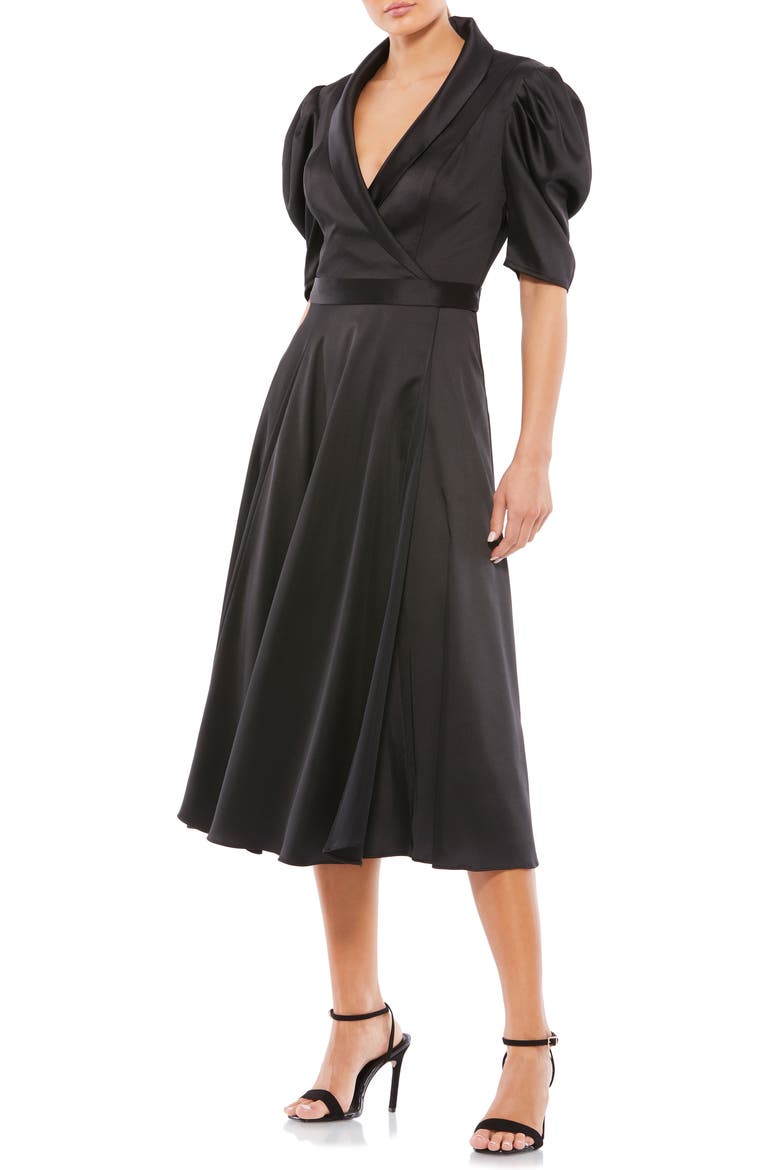 Satin Lapel Puff Sleeve Tea Length Dress, Main, color, BLACK