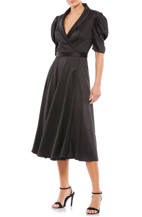 Satin Lapel Puff Sleeve Tea Length Dress