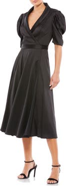 Mac Duggal Satin Lapel Puff Sleeve Tea Length Dress