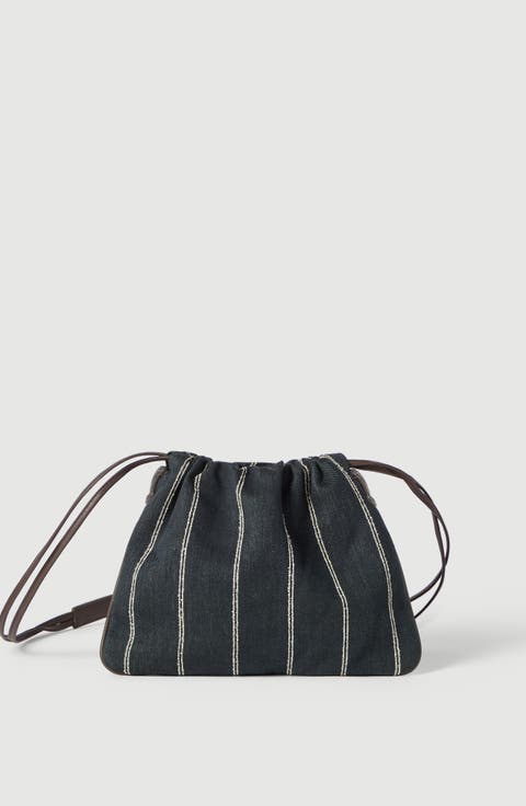 Pouch Bag In Double Chalk Stripe Cotton And Linen Denim With Monili