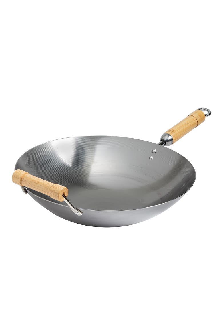 Classic Series 14-Inch Round Bottom Carbon Steel Wok with Birch Handles - Silver, Main, color, SILVER