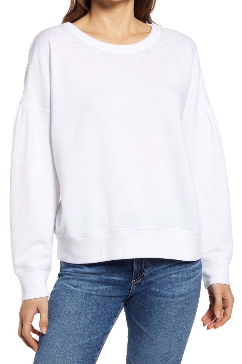 Embroidered Crew Pullover, Main, color, WHITE
