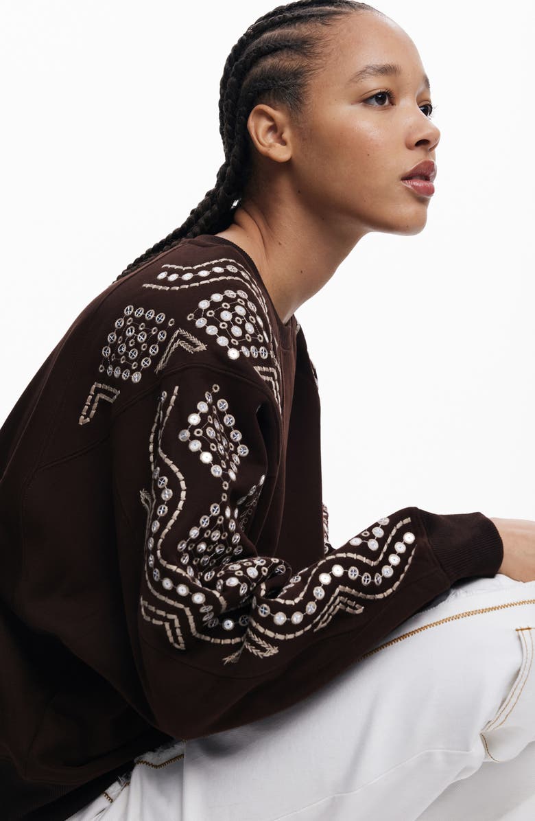 Desigual Embroidered Sleeve Sweatshirt, Alternate, color, Brown