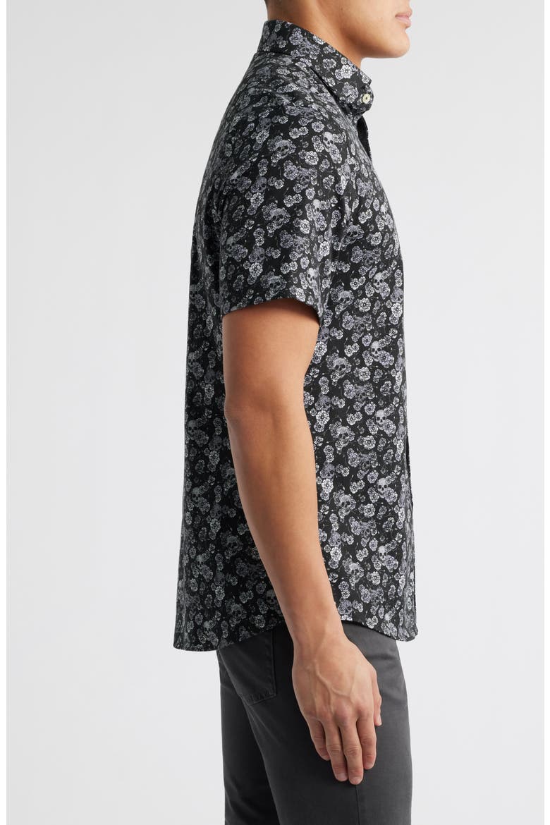Summer Crush Skulls & Flowers Print Short Sleeve Stretch Cotton Blend Button-Up Shirt, Alternate, color, BLACK