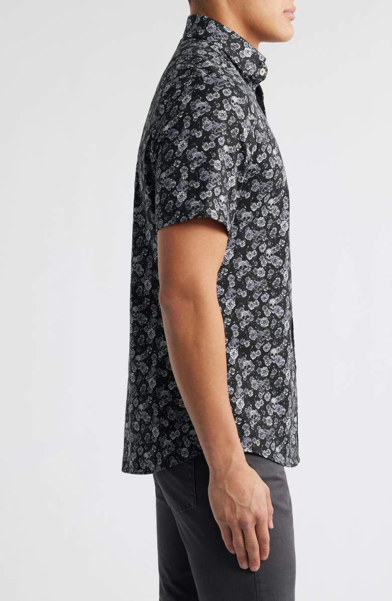 Stone Rose Summer Crush Skulls & Flowers Print Short Sleeve Stretch Cotton Blend Button-Up Shirt, Alternate, color, 