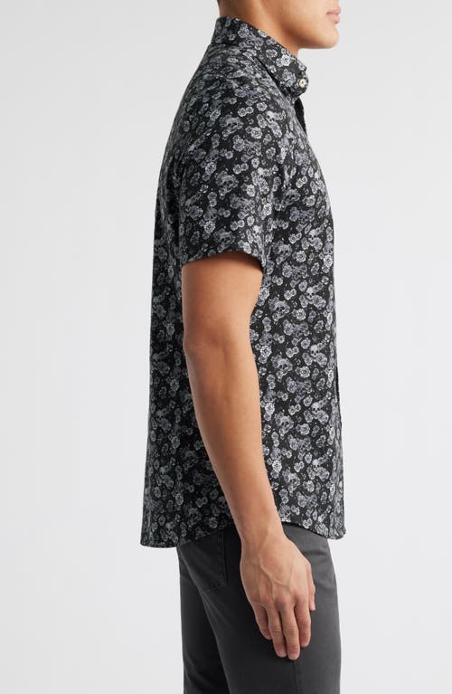 Stone Rose Summer Crush Skulls & Flowers Print Short Sleeve Stretch Cotton Blend Button-up Shirt