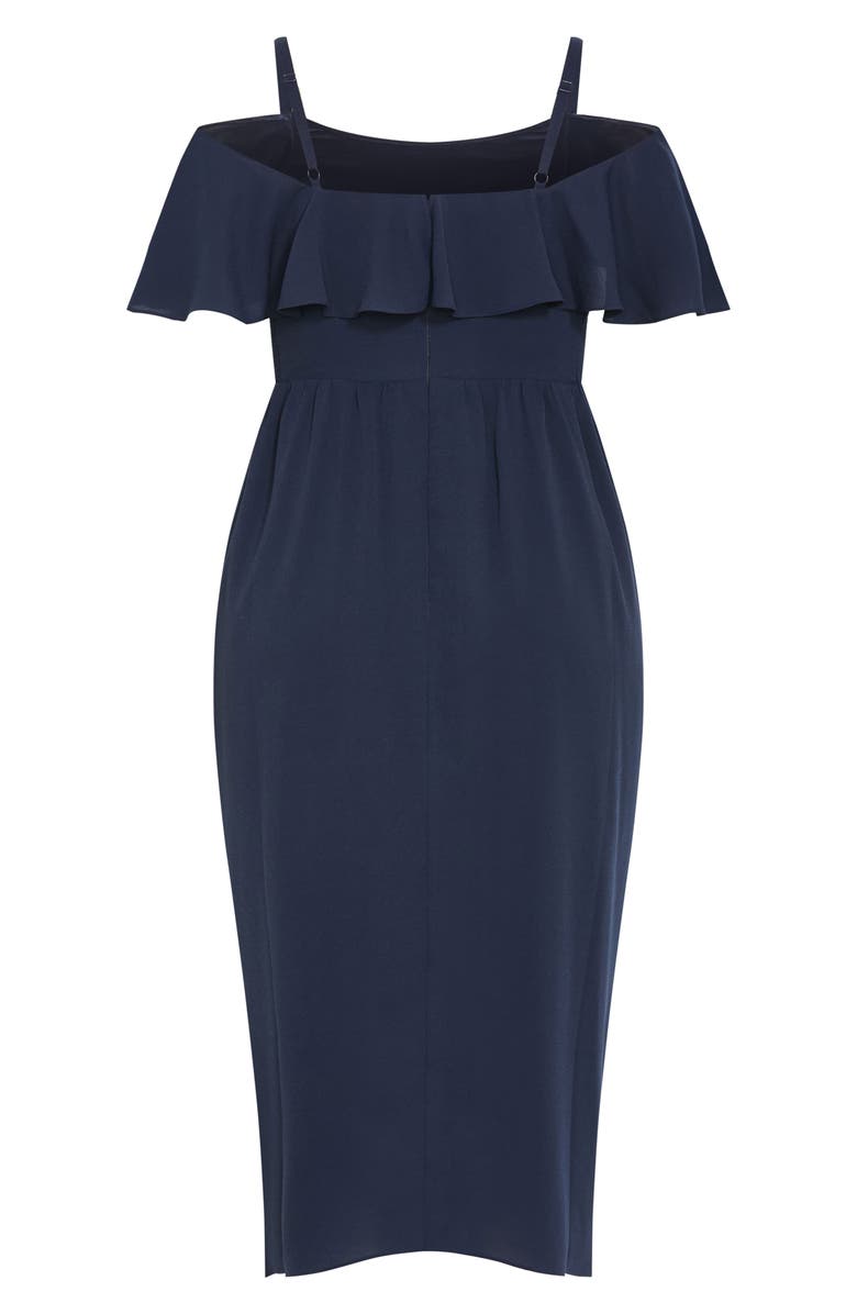 City Chic Flirtation Ruffle Off the Shoulder Cocktail Dress, Alternate, color, Navy