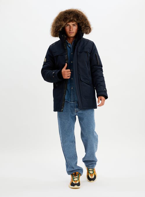 Point Zero Hooded Mid-length Parka In Navy