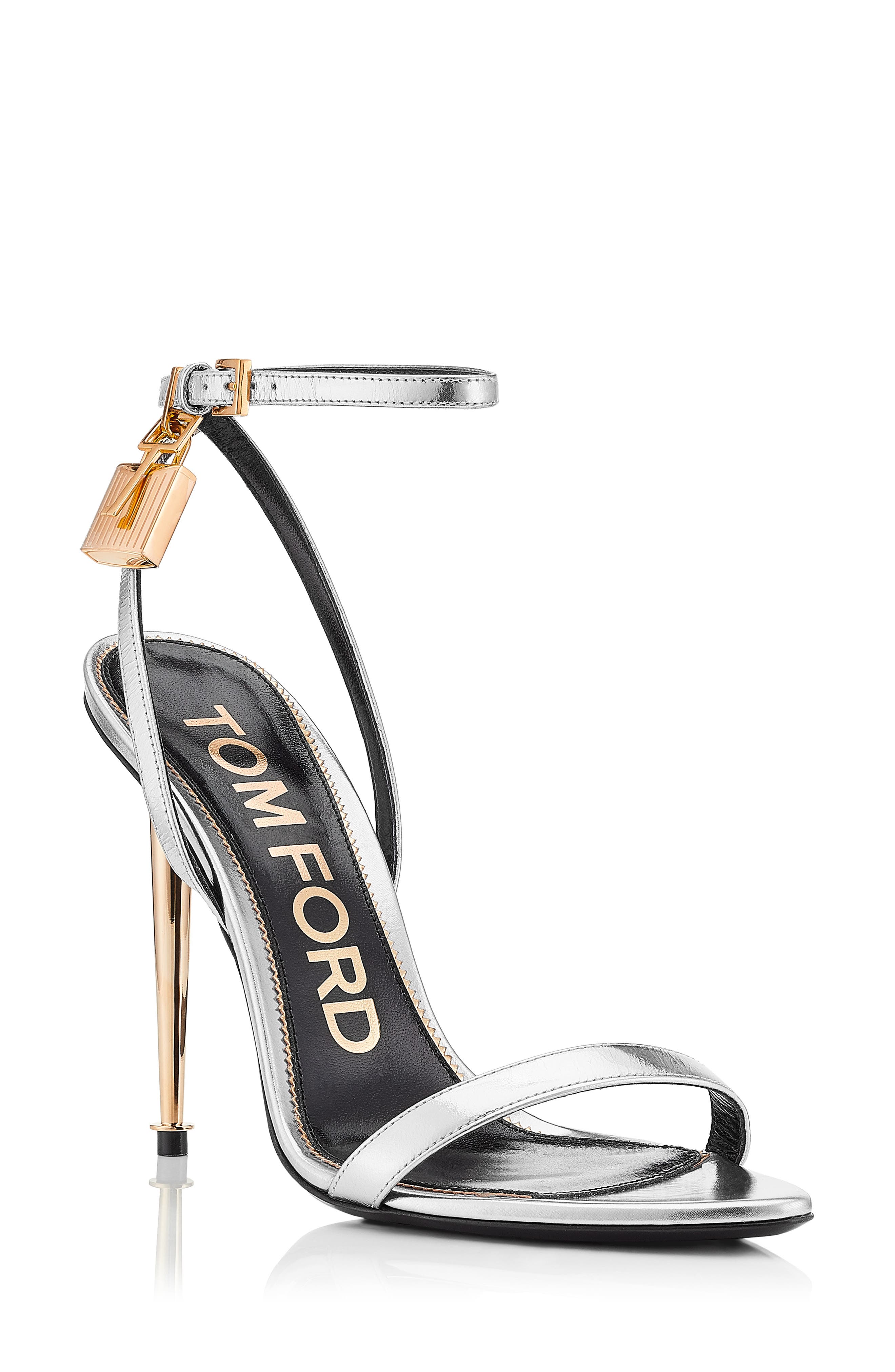 TOM FORD Padlock Naked Metallic Pointy Toe Sandal, Main, color, Taa Silver