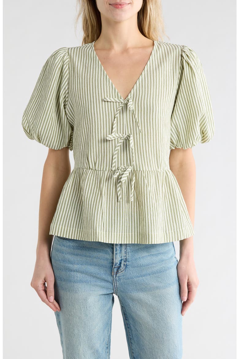 Bow Short Sleeve Seersucker Peplum Top, Main, color, GREEN IVORY
