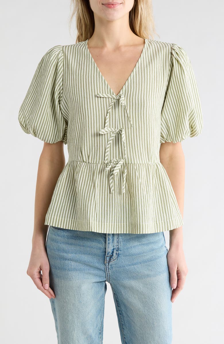 CHENAULT Bow Short Sleeve Seersucker Peplum Top, Main, color, Green Ivory