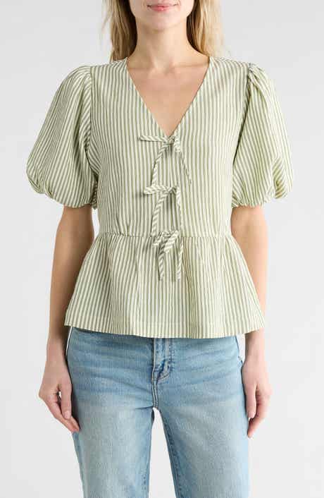 CHENAULT Bow Short Sleeve Seersucker Peplum Top