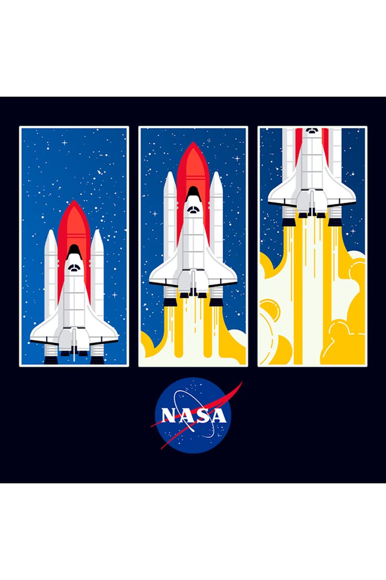 Juniors NASA Animated Rocket Panels T Shirt, Alternate, color, Navy Blue