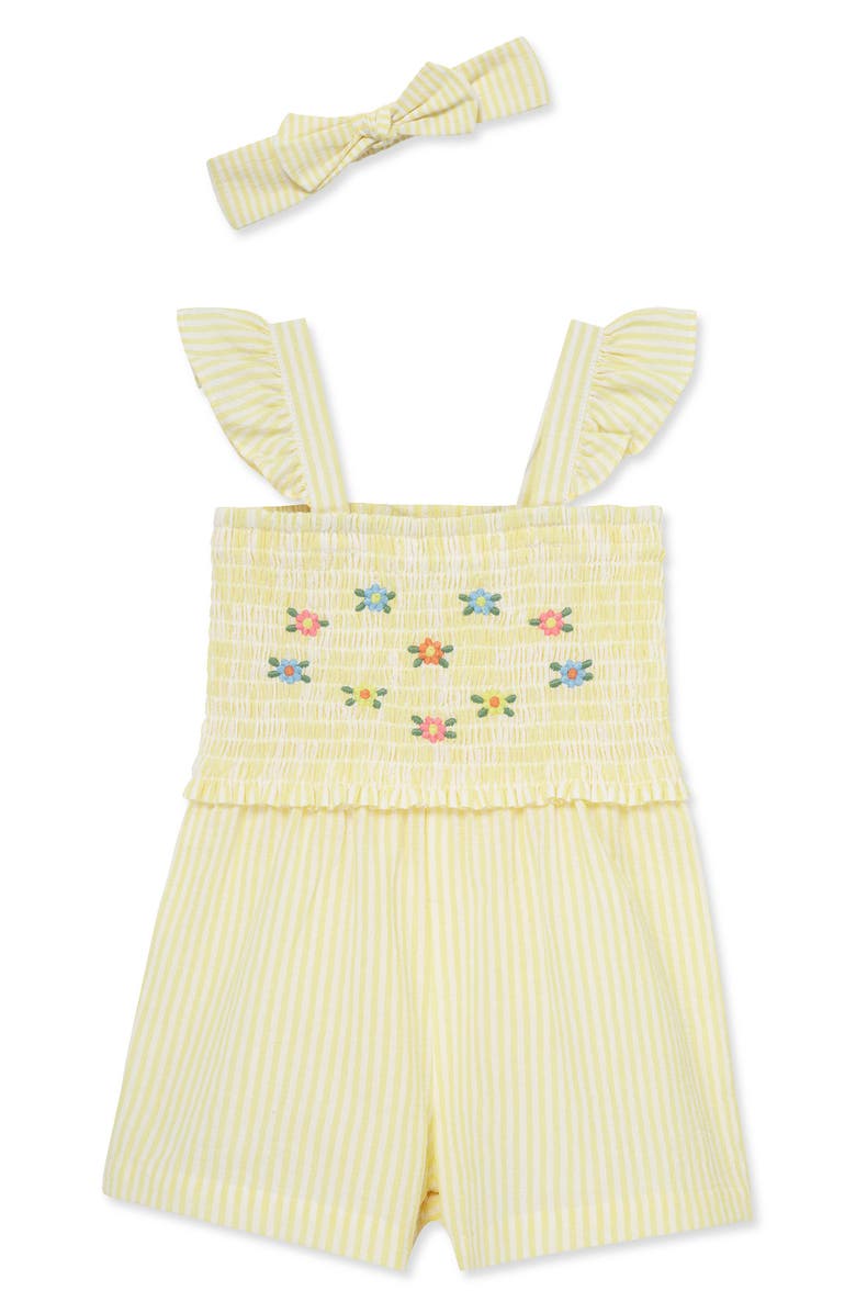 Little Me Stripe Floral Embroidered Cotton Romper & Headband Set, Main, color, Yellow