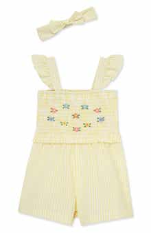 Little Me Stripe Floral Embroidered Cotton Romper & Headband Set