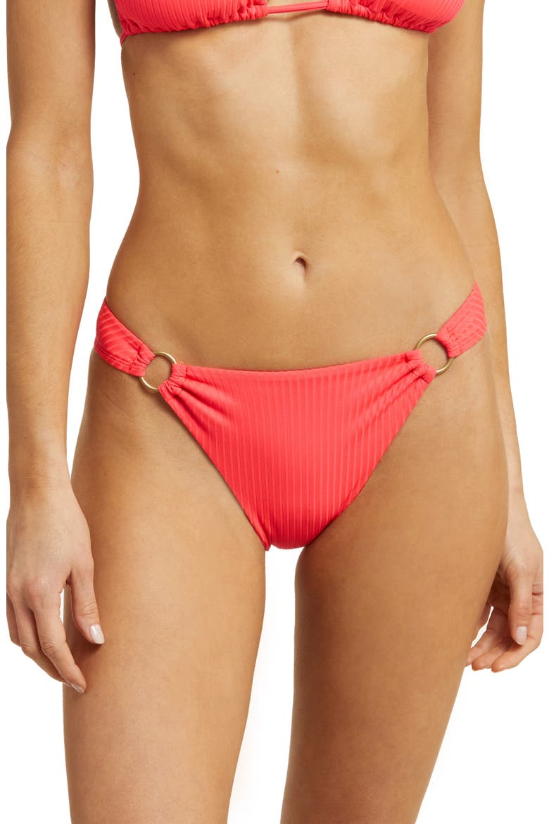 Cosmo Ring Detail Rib Bikini Bottoms, Main, color, CORAL GLOW ECORIB