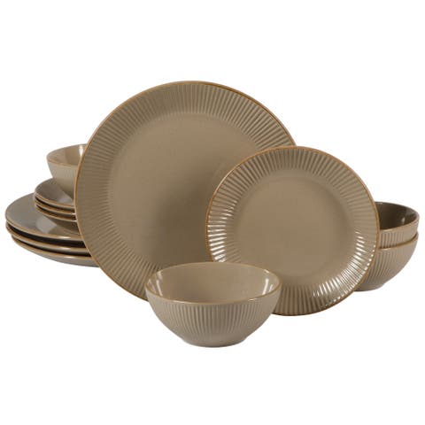 Plates and Bowls Set 12 Piece Ribbed Solid Color Dinnerware Set for 4