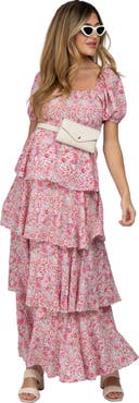 PinkBlush Floral Square Neck Ruffle Layered Maxi Dress