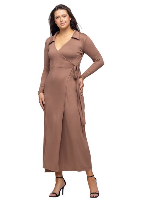 24seven Comfort Apparel Comfortable Collared Wrap Maxi Dress In Brown
