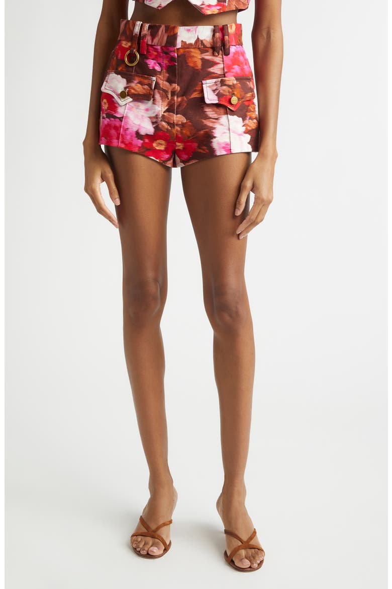 Kindred Spirit Luna Floral High Waist Cotton Drill Shorts, Main, color, CHOCOLATE ROSE