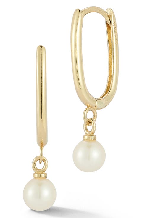14K Gold Cultured Pearl Huggie Hoop Earrings