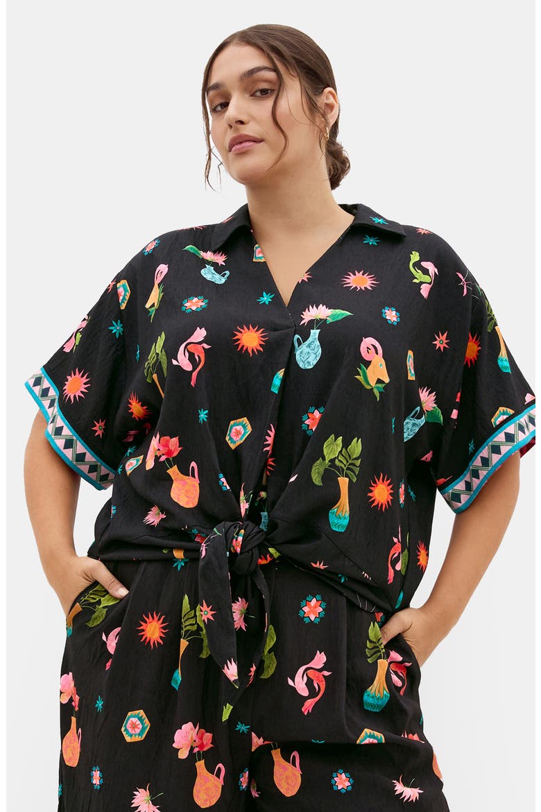 Selena Print Tie Front Top, Alternate, color, BLACK