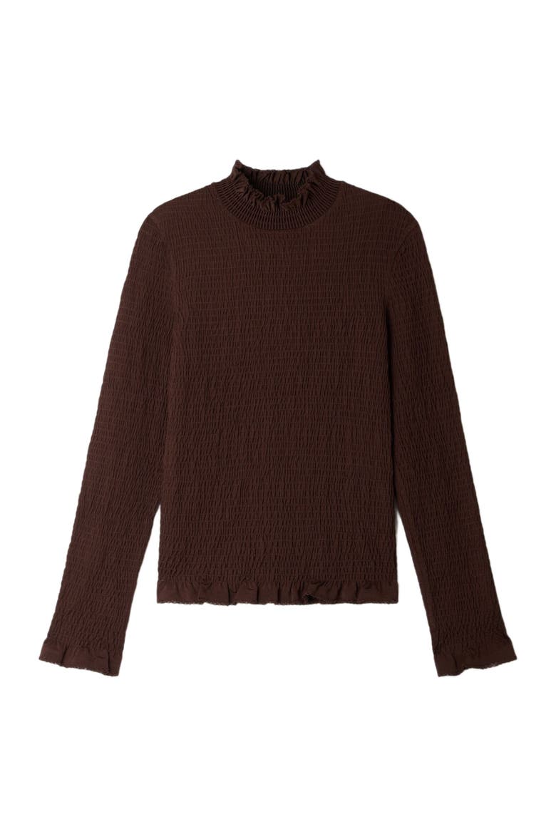 Smocked T-shirt with ruffle collar, Alternate, color, Brown