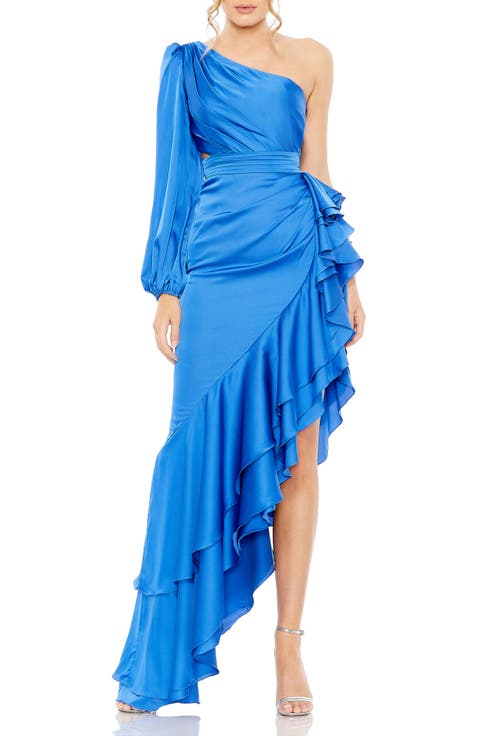 One Sleeve Cut Out Asymmetrical Ruffled Gown