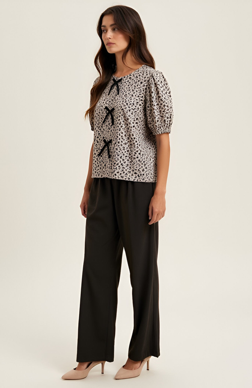 Modenaire Floral Puff-sleeve Crewneck Velvet Bow-accented Blouse In Gray