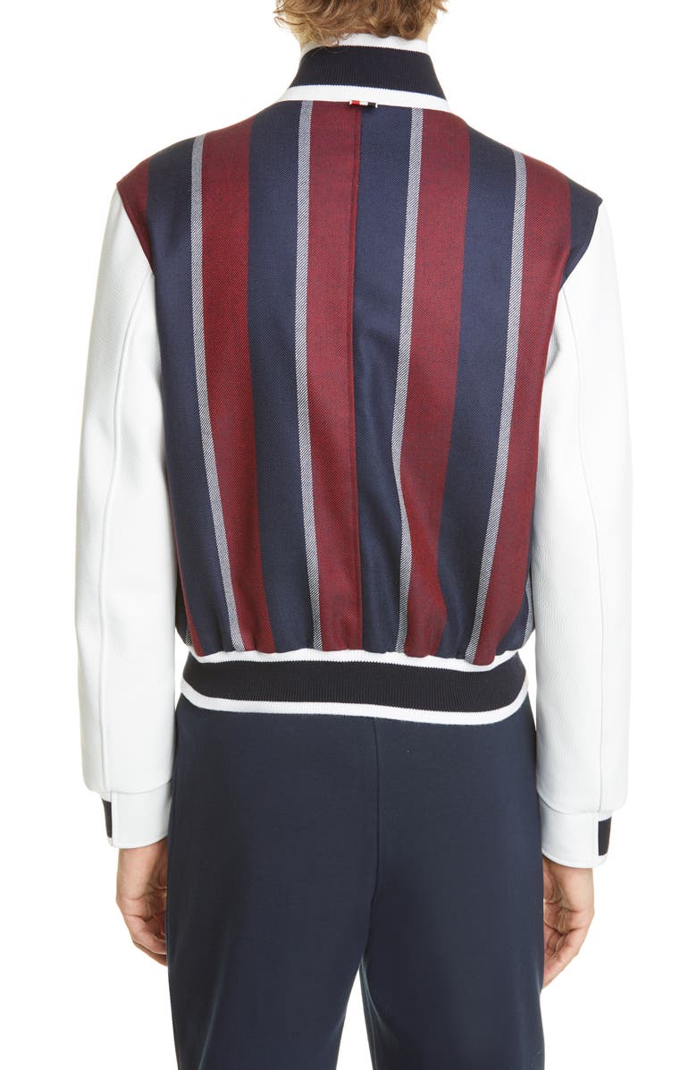 Thom Browne Stripe Wool & Deerskin Leather Bomber Jacket, Alternate, color, 