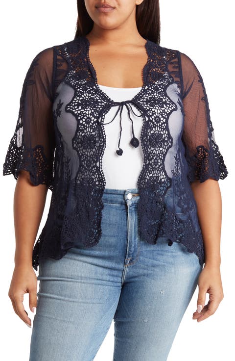 Tie Front Crochet Lace Trim Top (Plus)
