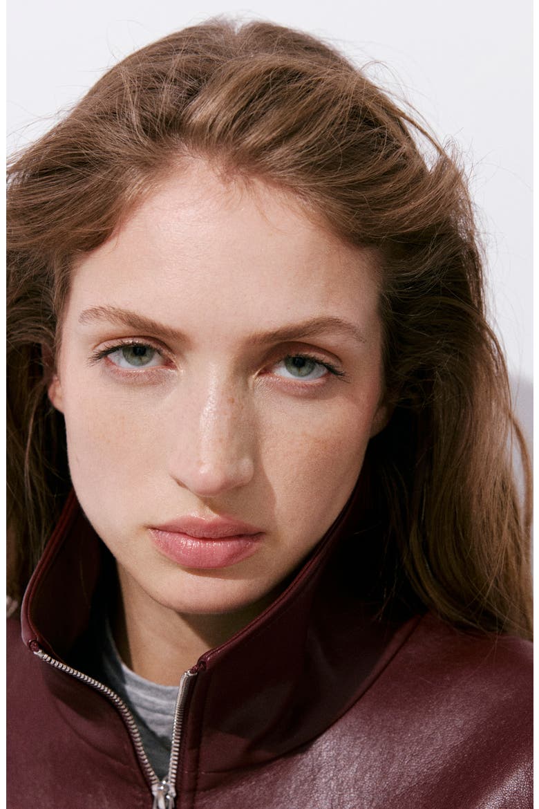 Faux Leather Funnel Neck Jacket, Alternate, color, MAROON