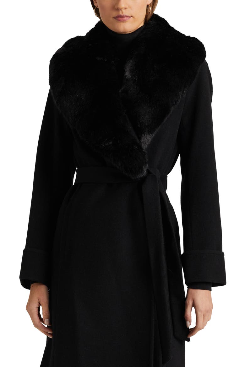 Belted Faux Fur Collar Wool Blend Wrap Coat, Alternate, color, BLACK