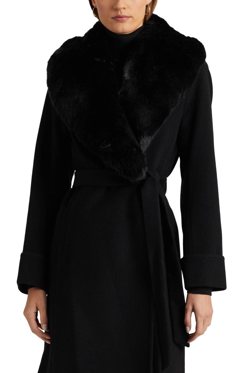 Lauren Ralph Lauren Belted Faux Fur Collar Wool Blend Wrap Coat, Alternate, color, 