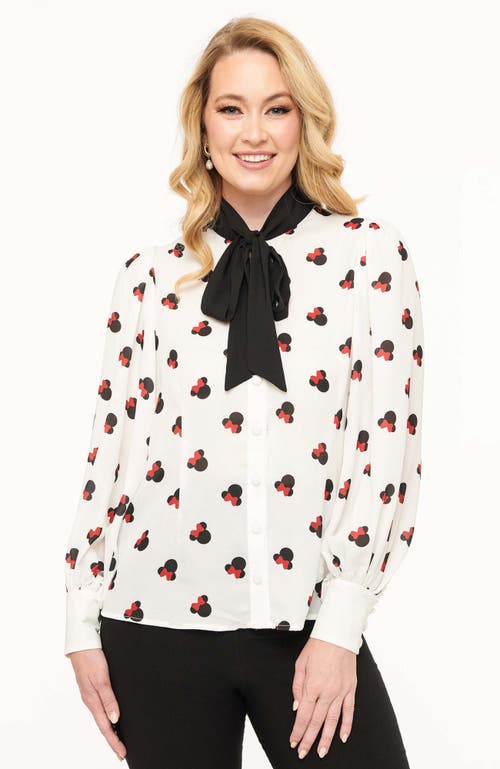 Unique Vintage Long Sleeve Neck Tie Gwen Blouse In White Minnie Mouse