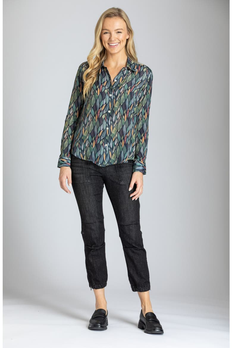 Abstract Print Roll Tab Sleeve Chiffon Button-Up Shirt, Alternate, color, GREY/ GREEN MULTI