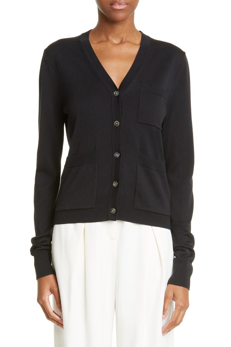 Patch Pocket V-Neck Silk Cardigan, Main, color, 001 BLACK