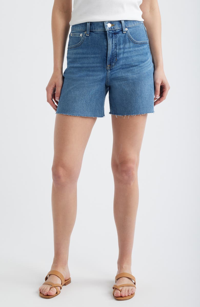 SPANX<sup>®</sup> High Waist Raw Hem Denim Cutoff Shorts, Main, color, Elysian