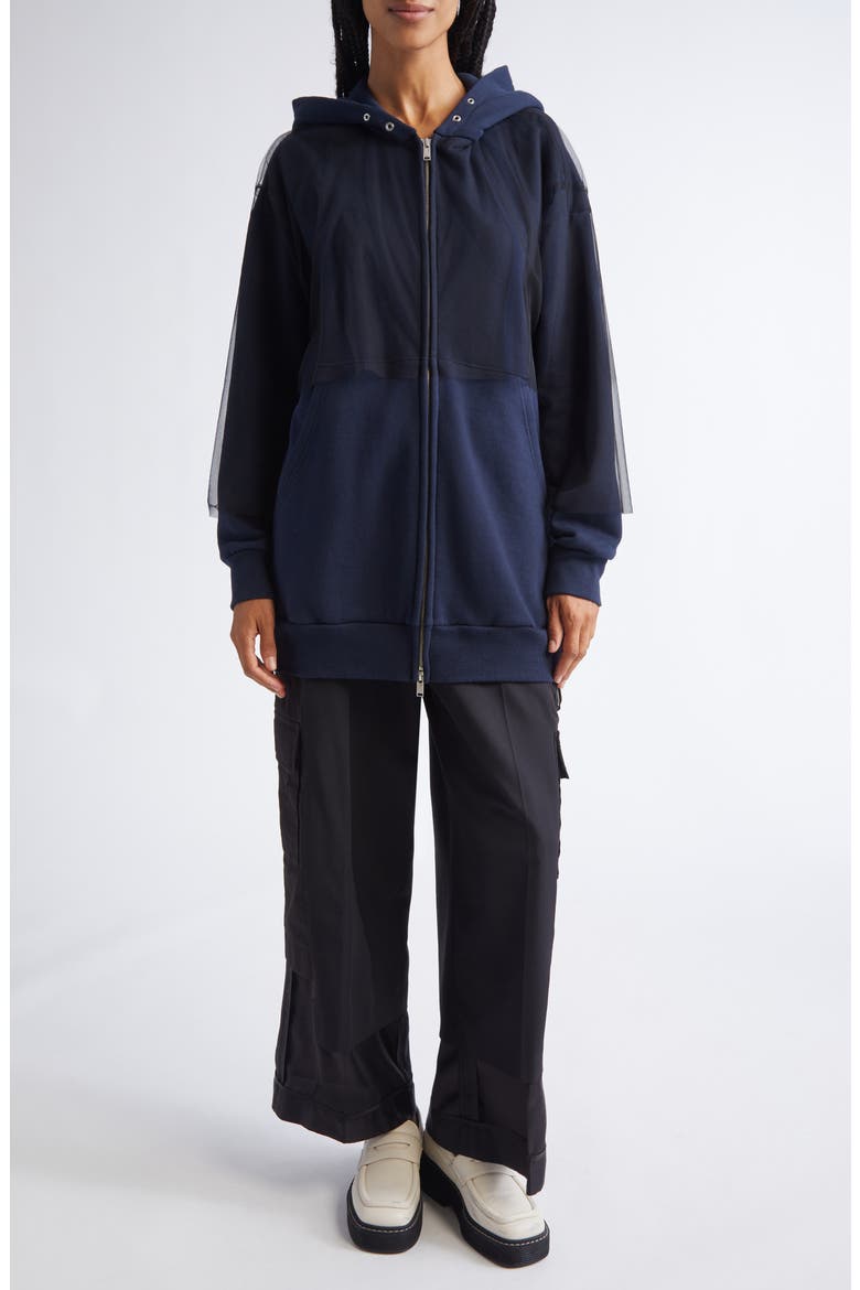 Tulle Overlay Oversize Cotton Fleece Zip-Up Hoodie, Alternate, color, NAVY