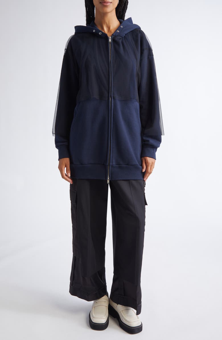 Undercover Tulle Overlay Oversize Cotton Fleece Zip-Up Hoodie, Alternate, color, Navy