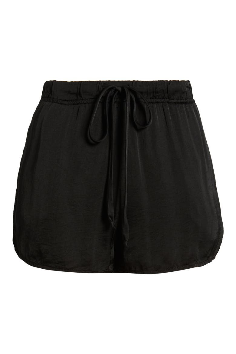 High Waist Flowy Satin Drawstring Shorts, Alternate, color, BLACK