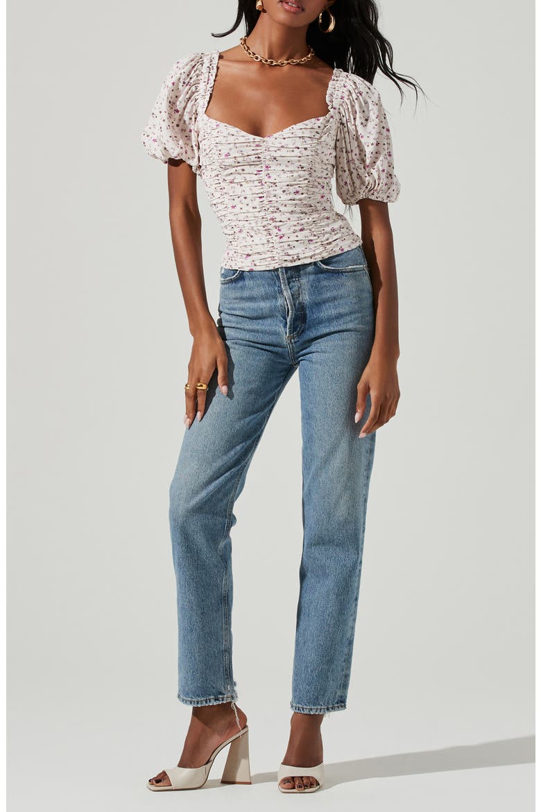 Floral Ruched Puff Sleeve Top, Alternate, color, CREAM LAVENDER DITSY
