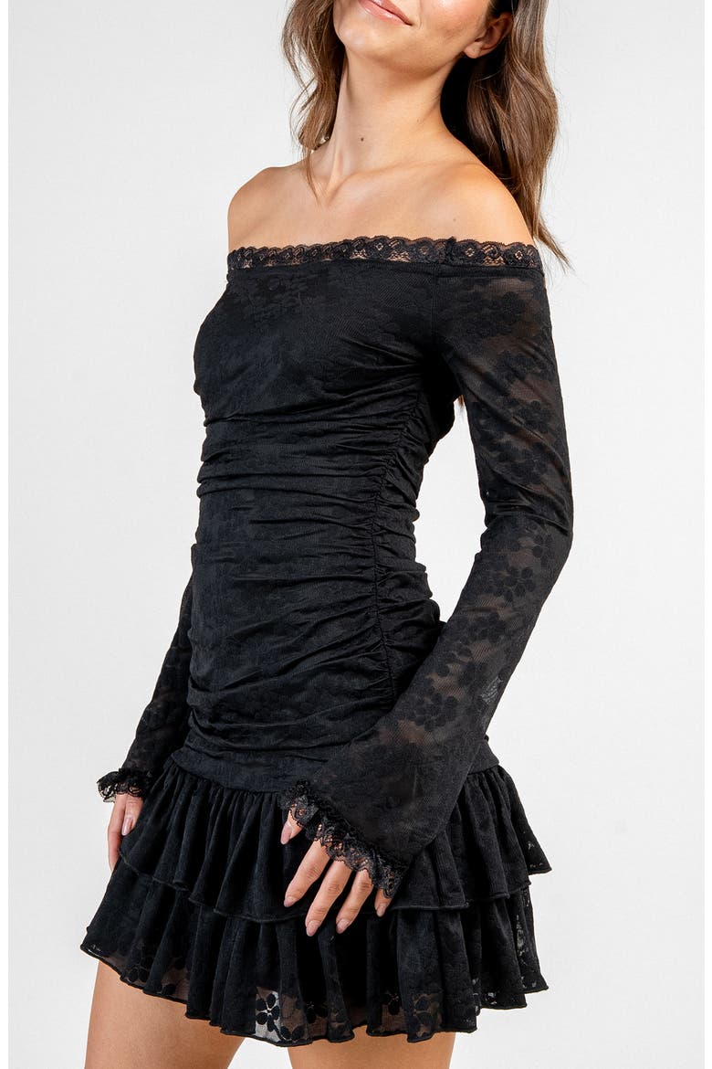 Off the Shoulder Long Sleeve Stretch Lace Minidress, Alternate, color, BLACK