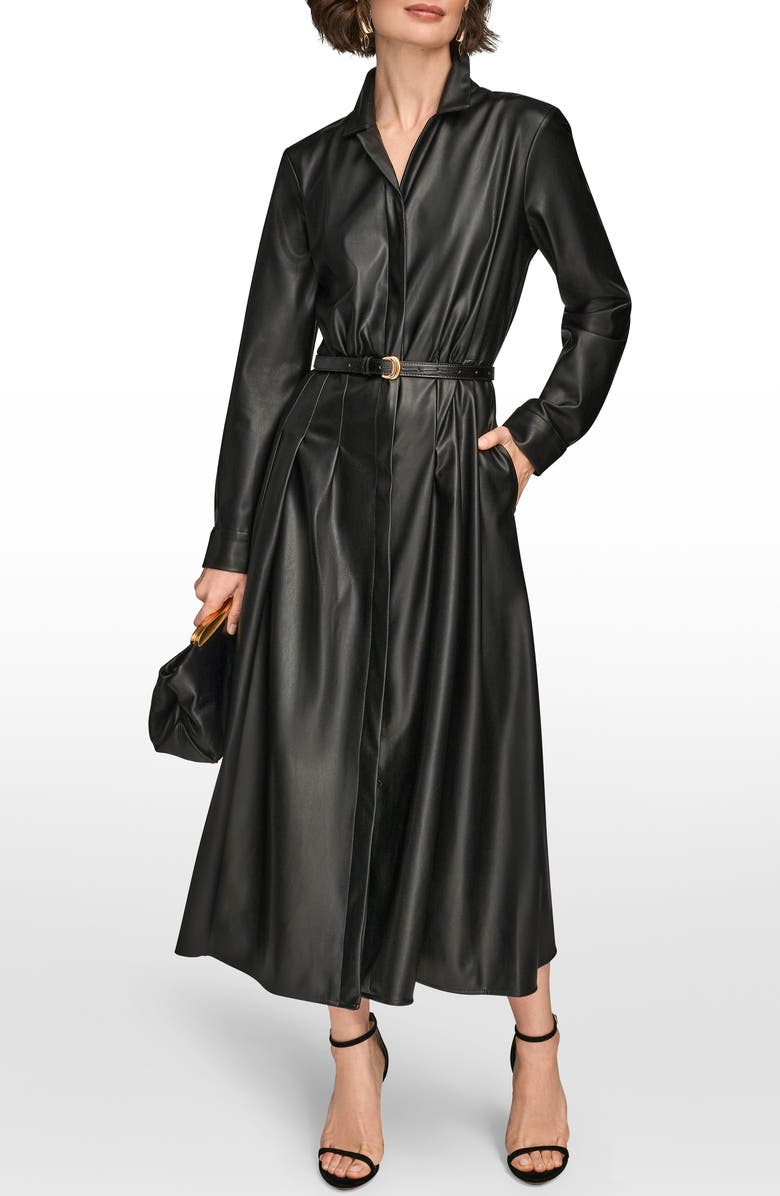 Donna Karan New York Long Sleeve Faux Leather Pleated Dress, Alternate, color, Black