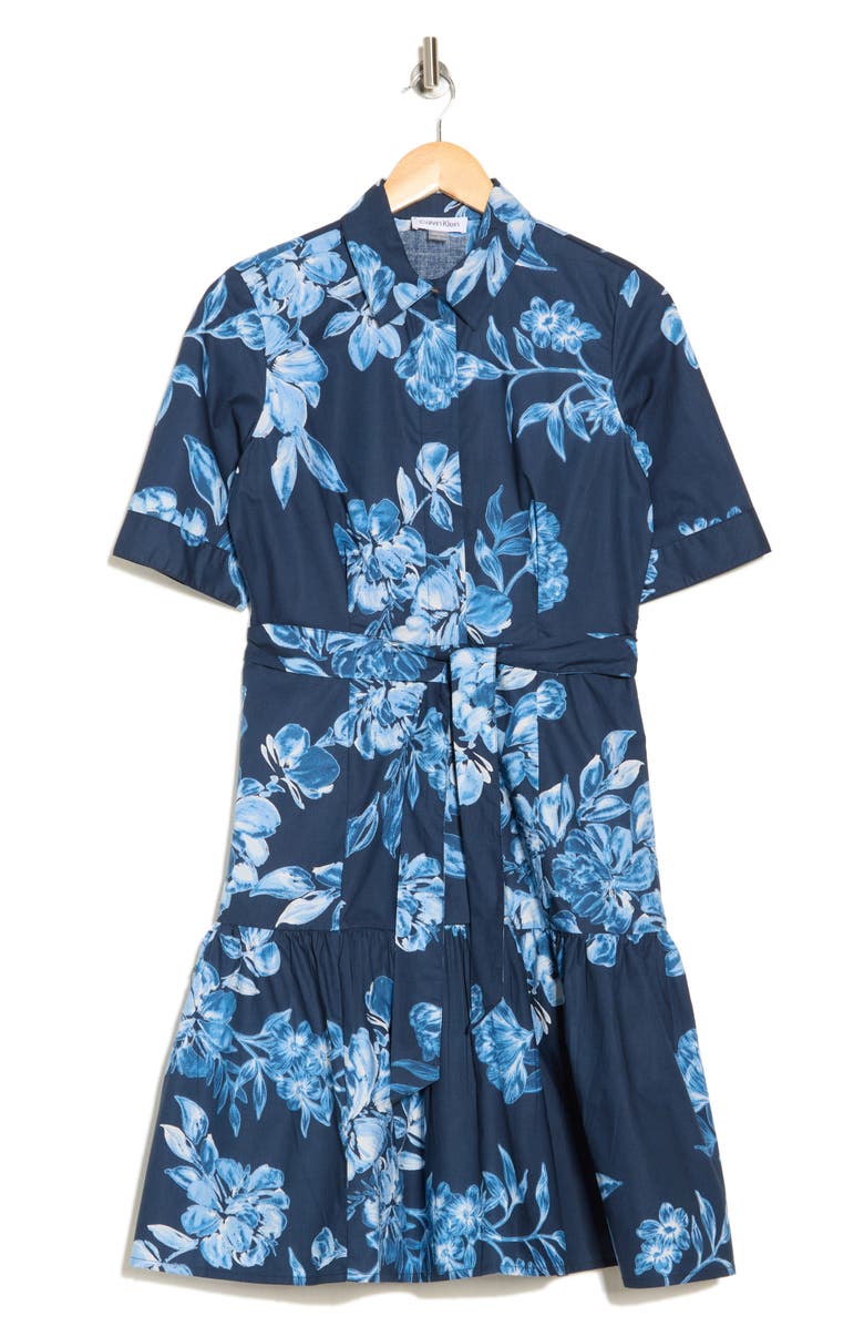Calvin Klein Floral Short Sleeve Cotton Shirtdress, Alternate, color, 