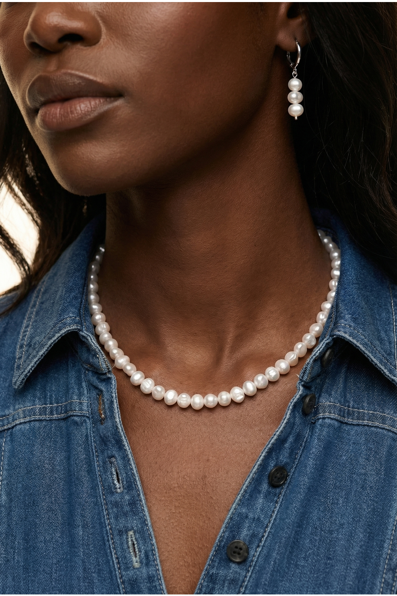 Freshwater Pearl Silver Plated Necklace And Earring Set, Alternate, color, Silver Plated / White Pearl