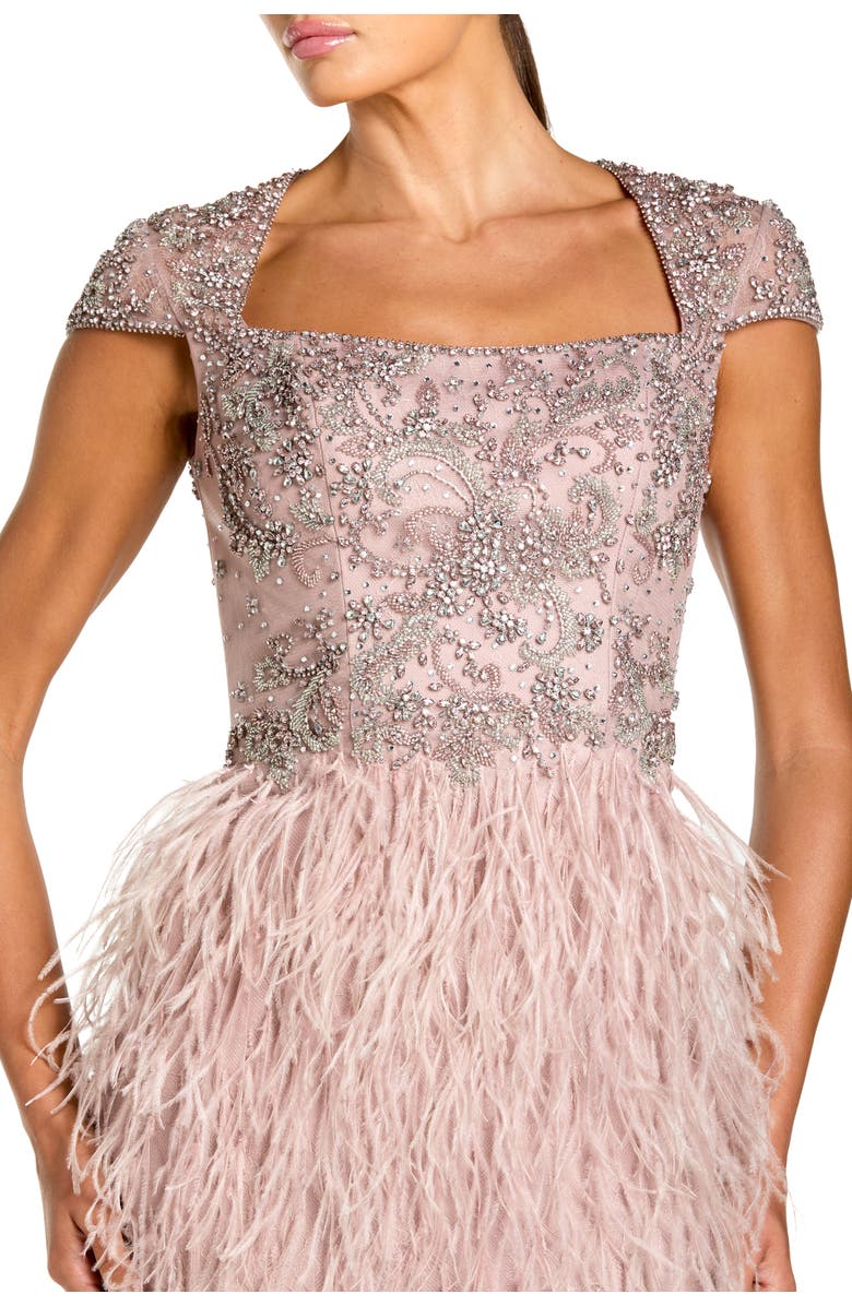 Mac Duggal Embellished Cap Sleeve Feather Gown, Alternate, color, Mocha