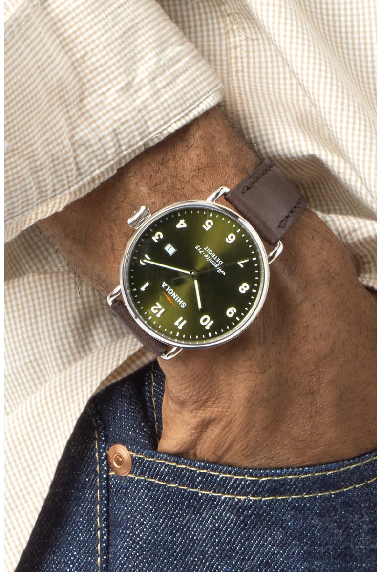 Canfield Leather Strap Watch, 43mm, Alternate, color, DARK OLIVE