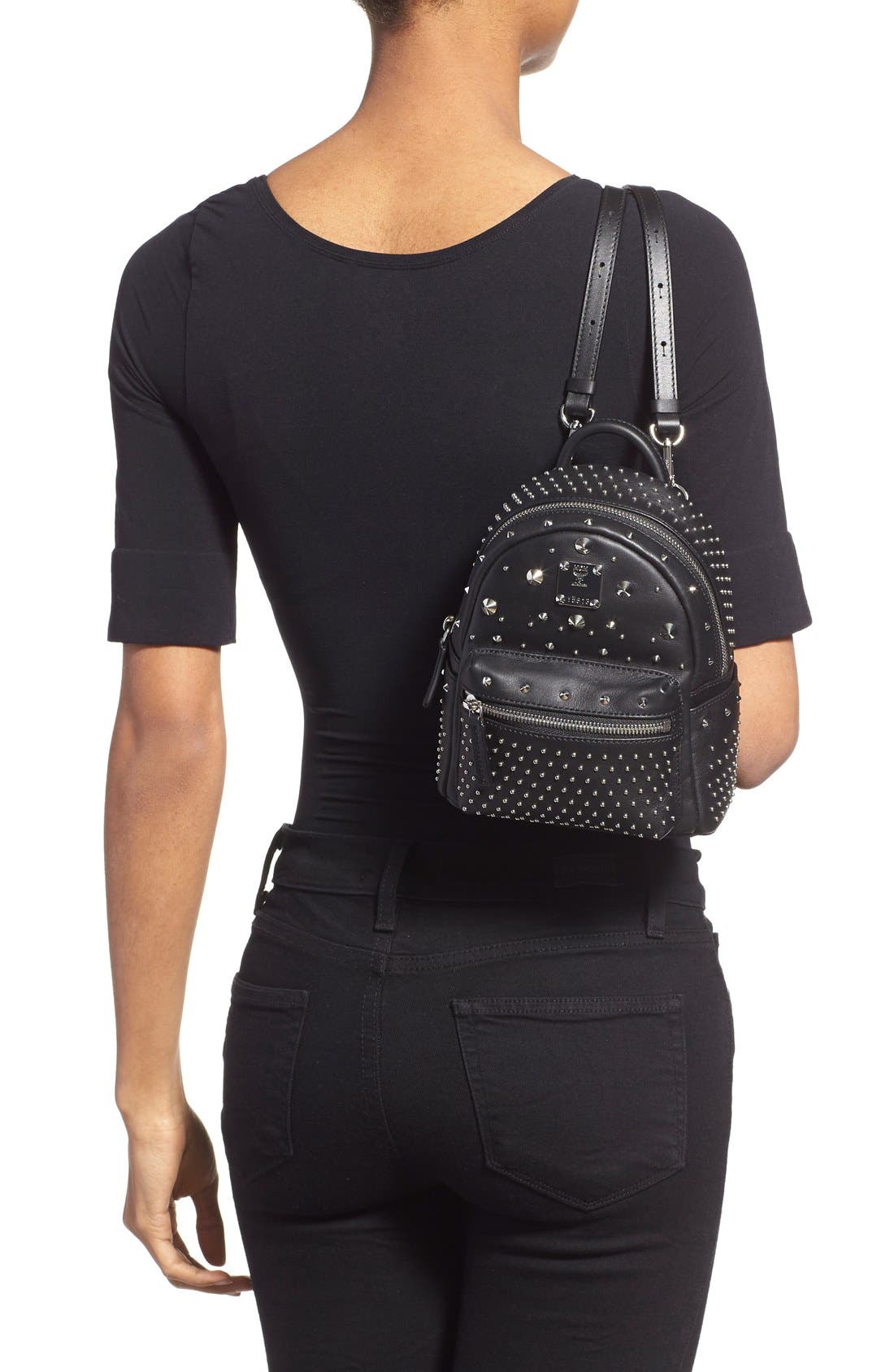 MCM 'X-Mini Stark - Bebe Boo' Studded Leather Backpack, Alternate, color, 