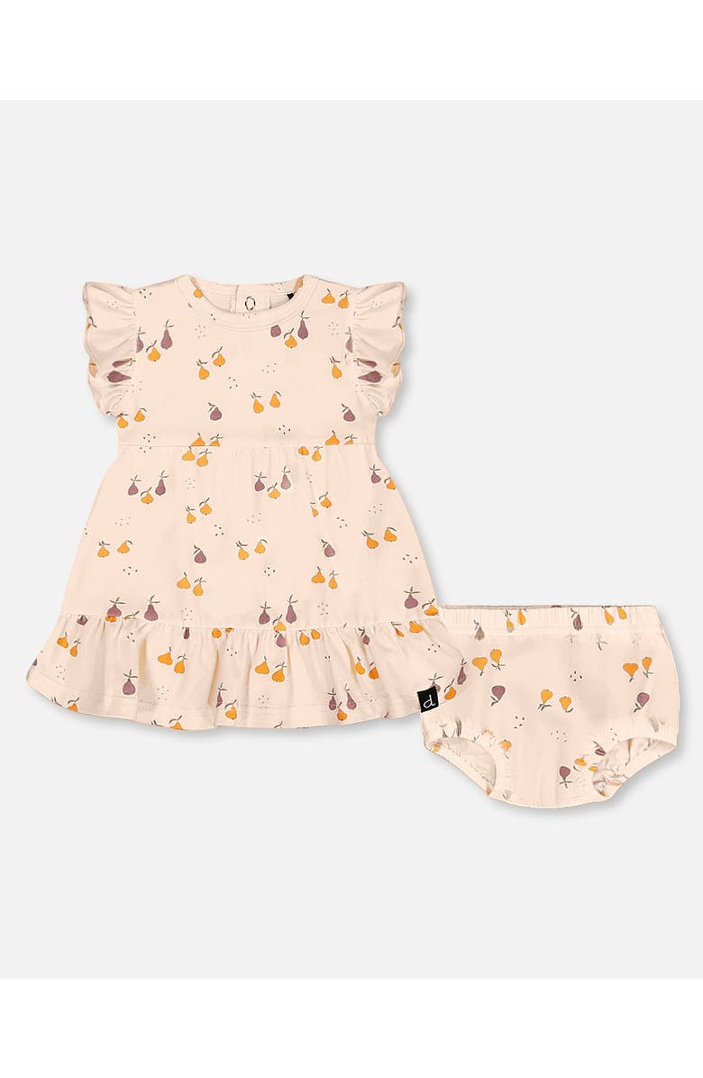 Deux par Deux Baby Girl's Printed Organic Cotton Dress And Bloomer Set Peach With Pears, Main, color, Peach With Pears Print